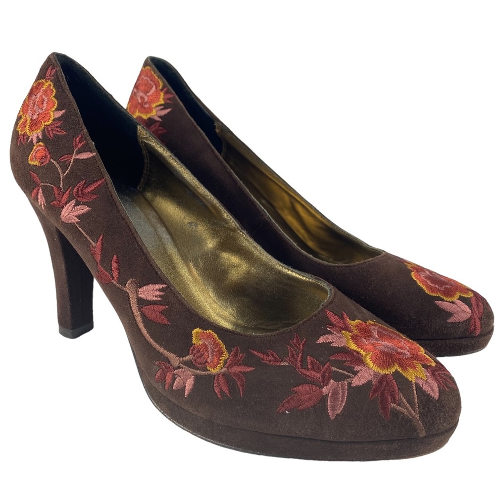 Jigsaw UK Women's Brown Suede Floral Embroidered Heels - Size 40